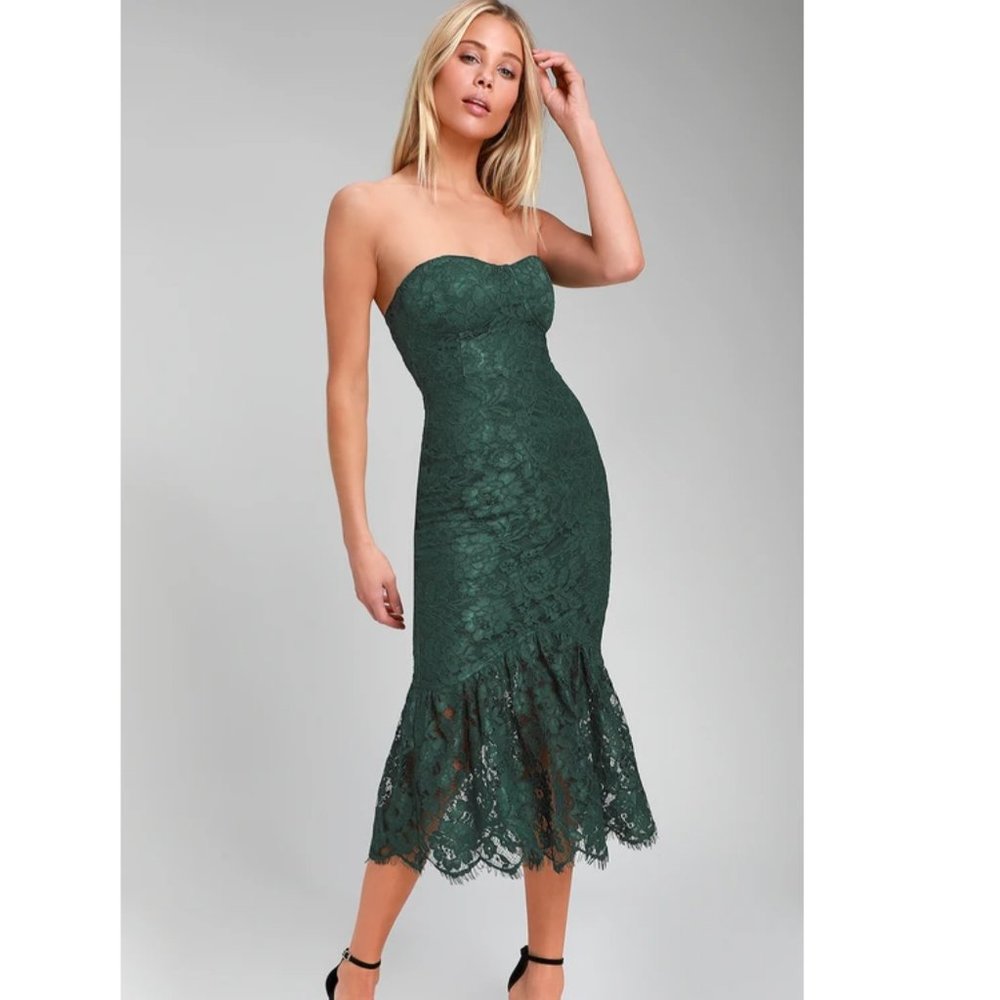 Lulus Divine Nights Forest Green Lace Strapless Midi Dress